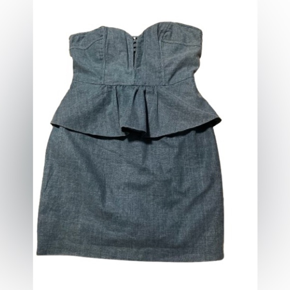 Aryn K Strapless Denim Peplum Dress Mini | Bustier Fit Chic | M | - Picture 2 of 5